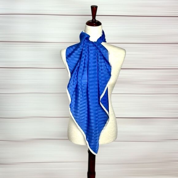 Silk Square Scarf Blue Jacquard White Trim made in Japan 31x31” - Picture 4 of 7